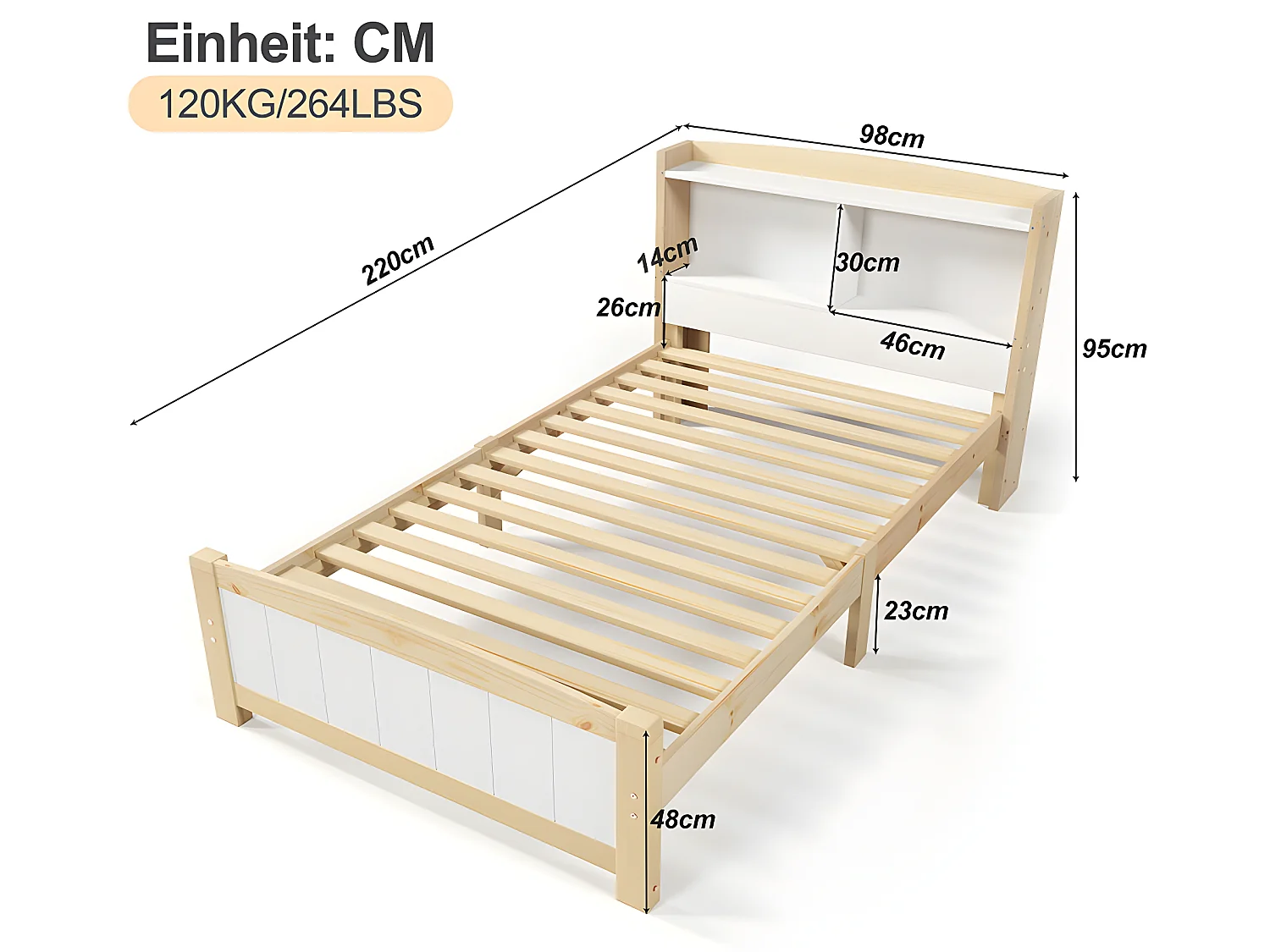 Lit adulte 90 x 200 cm Lit simple en bois massif Tête de lit - Sweiko