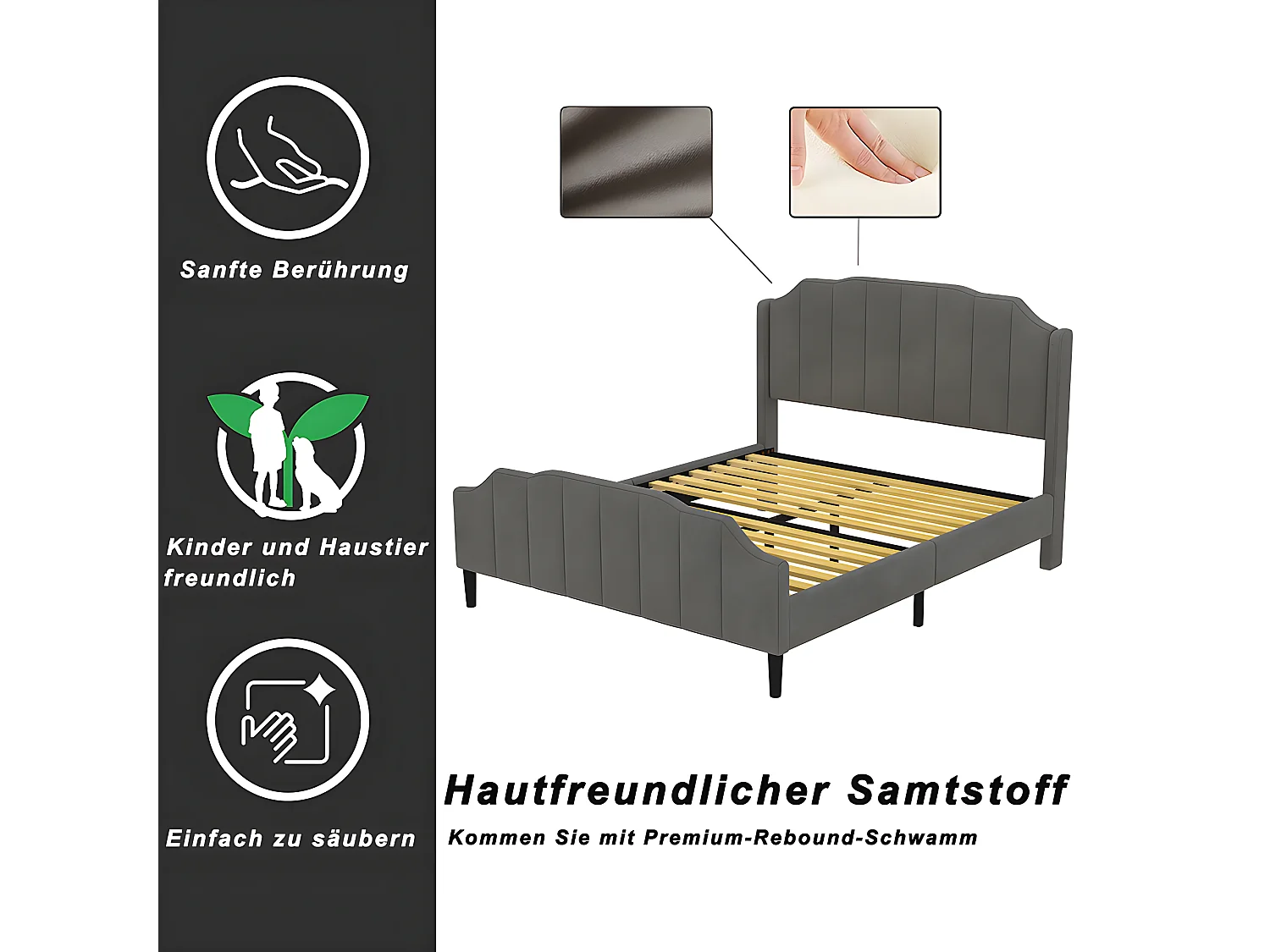 Lit double - 140 x 200cm - Gris - Sweiko