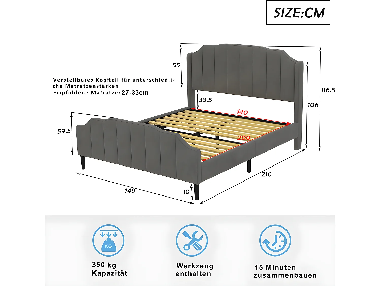 Lit double - 140 x 200cm - Gris - Sweiko