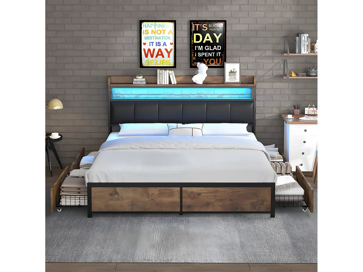 Lit avec 4 tiroirs - lit LED, lit pour adolescent - Lit rembourré 140x200 cm PU noir - Sweiko