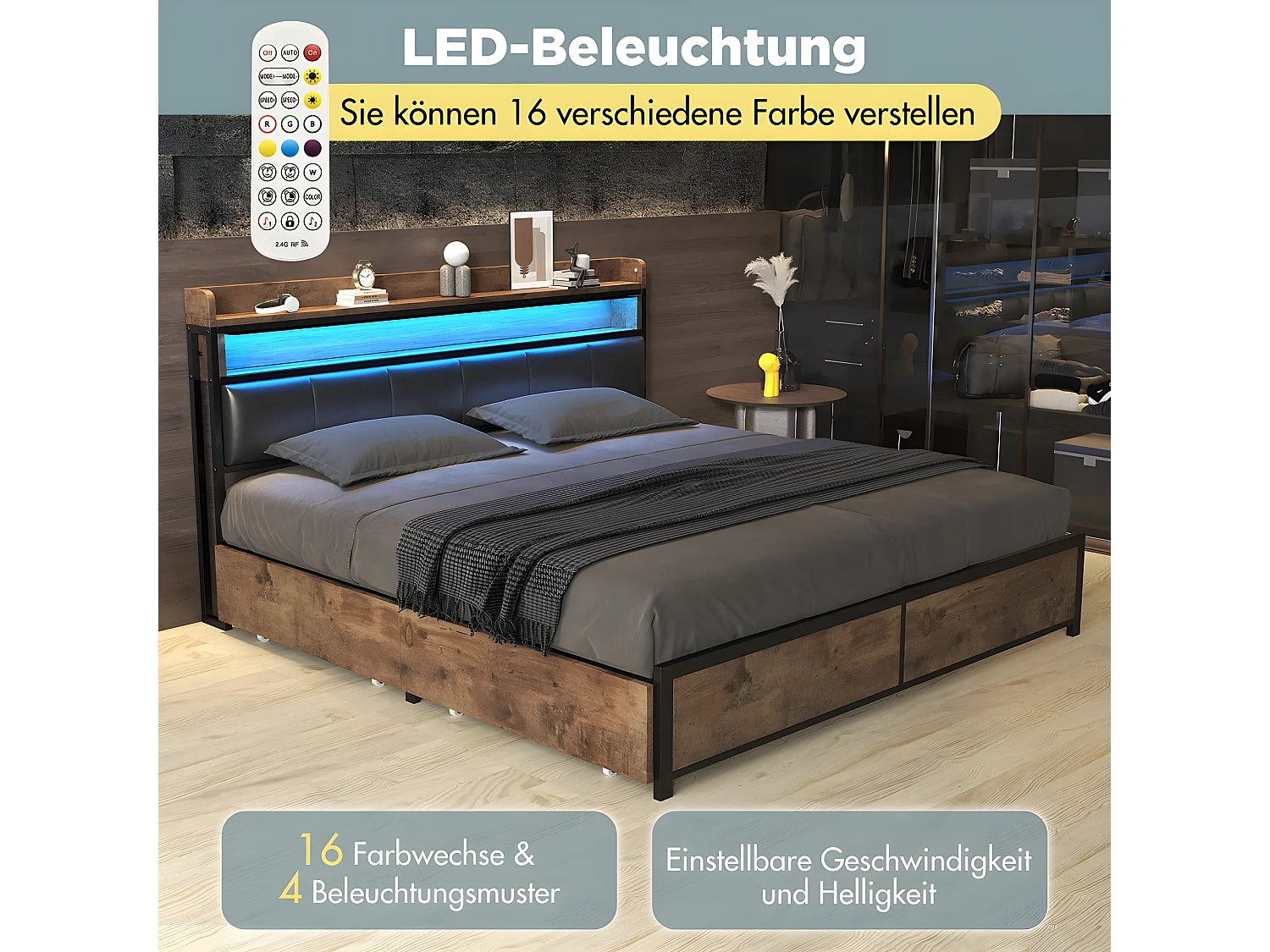 Lit avec 4 tiroirs - lit LED, lit pour adolescent - Lit rembourré 140x200 cm PU noir - Sweiko