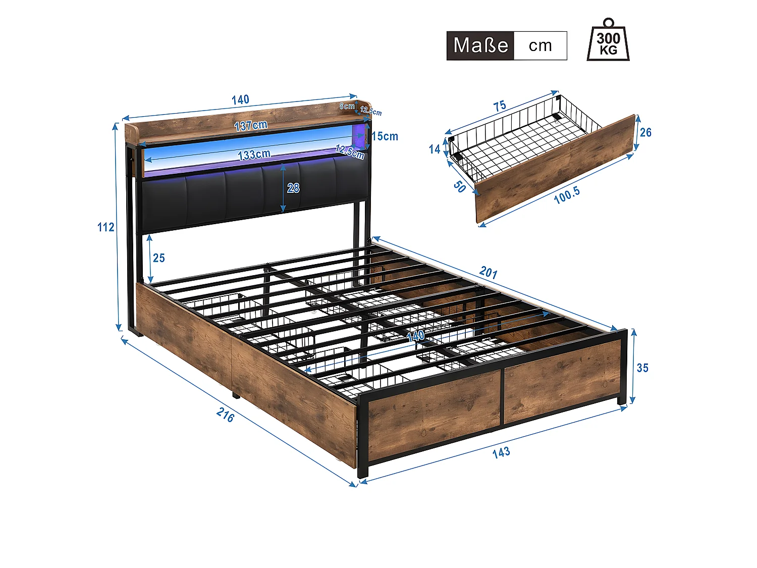 Lit avec 4 tiroirs - lit LED, lit pour adolescent - Lit rembourré 140x200 cm PU noir - Sweiko