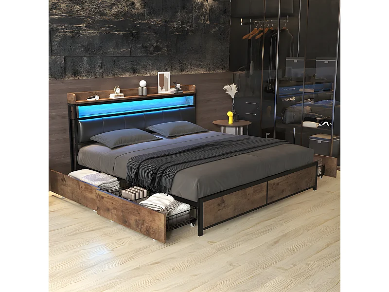 Lit avec 4 tiroirs - lit LED, lit pour adolescent - Lit rembourré 140x200 cm PU noir - Sweiko