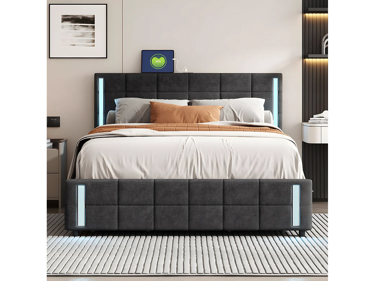 Lit LED avec tête de lit rangements et 4 tiroirs - 180 x 190 cm - Gris - Sweiko