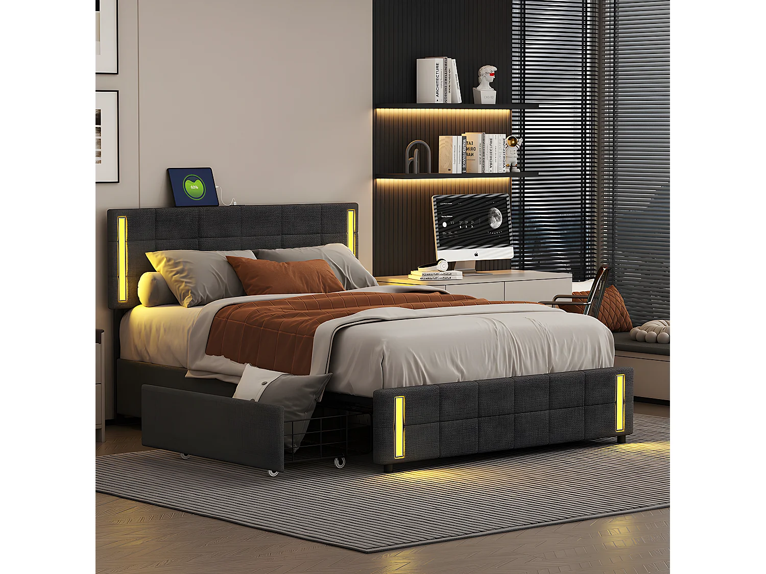 Lit LED avec tête de lit rangements et 4 tiroirs - 180 x 190 cm - Gris - Sweiko