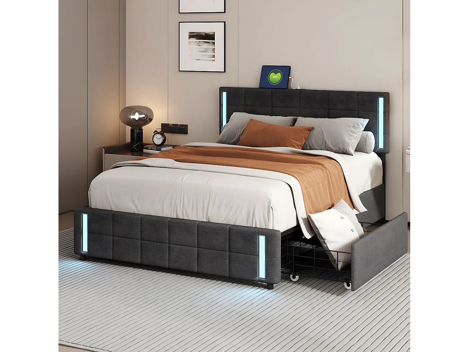 Lit LED avec tête de lit rangements et 4 tiroirs - 180 x 190 cm - Gris - Sweiko