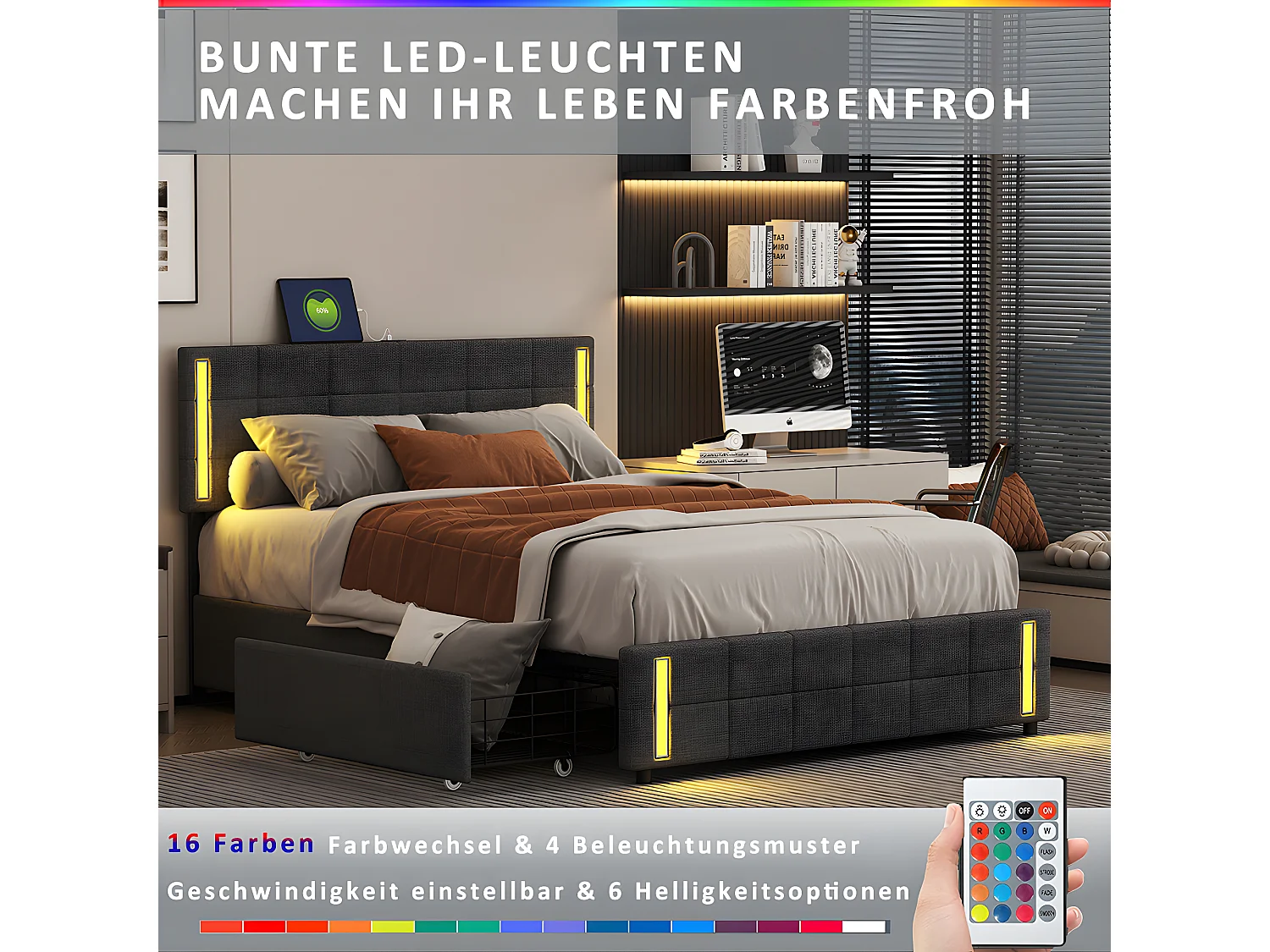 Lit LED avec tête de lit rangements et 4 tiroirs - 180 x 190 cm - Gris - Sweiko