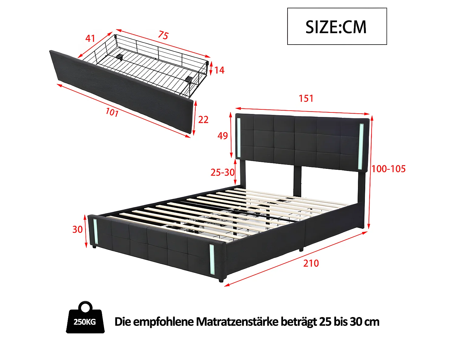 Lit LED avec tête de lit rangements et 4 tiroirs - 180 x 190 cm - Gris - Sweiko