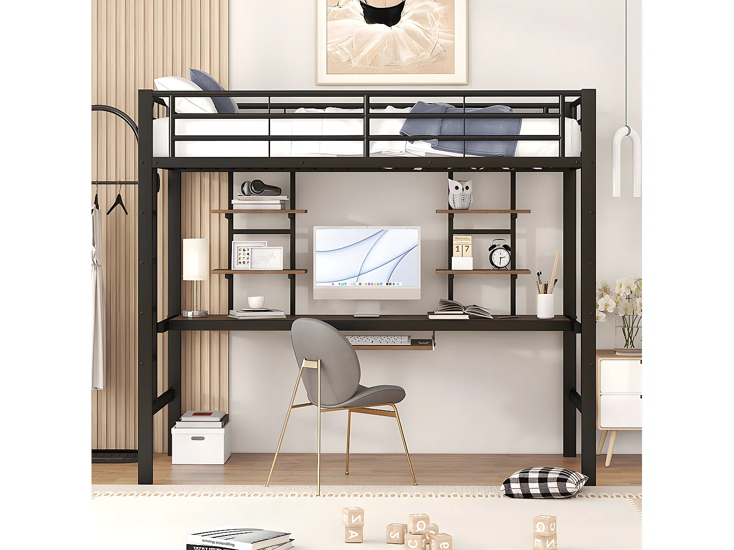 Lit mezzanine - 90 x 200 cm - plateforme bureau - Noir - Sweiko