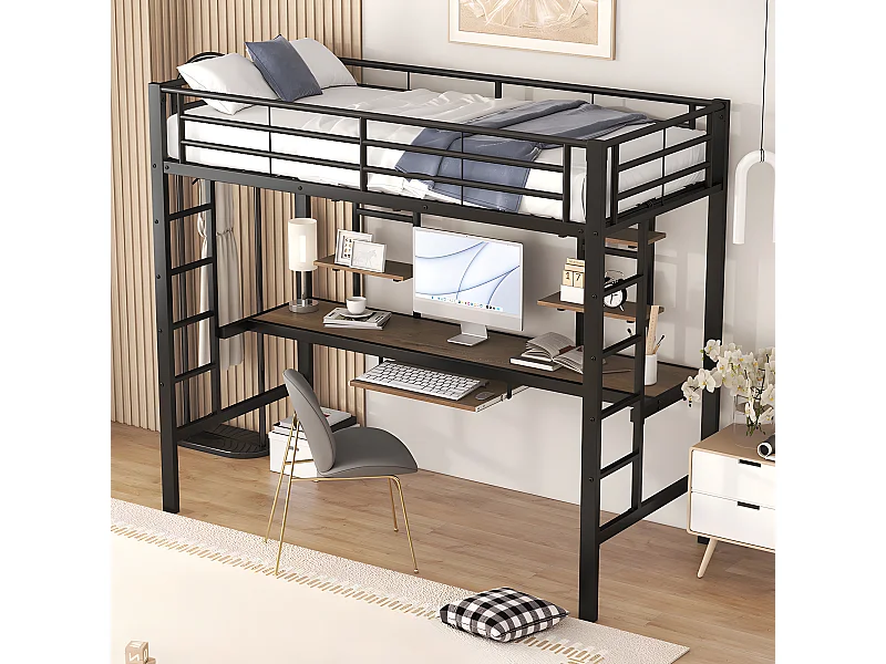 Lit mezzanine - 90 x 200 cm - plateforme bureau - Noir - Sweiko