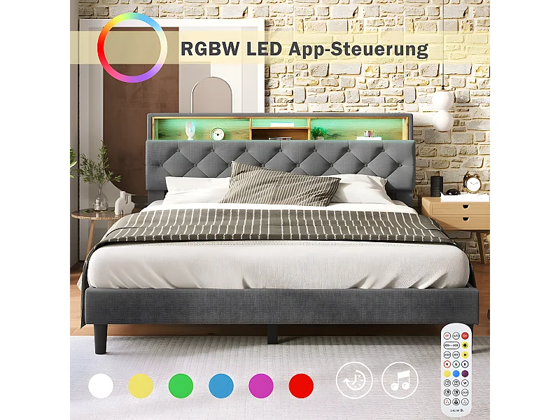 Lit adulte Lit double capitonné tête de lit de rangement - 140x200 CM gris - Sweiko