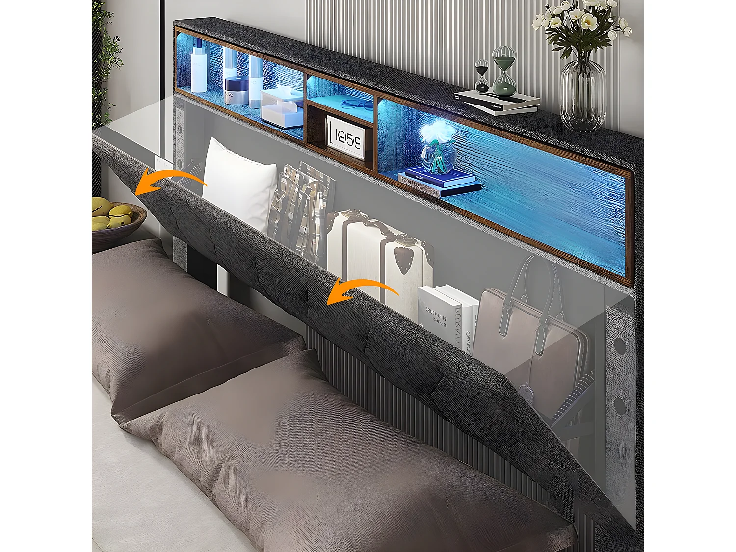 Lit adulte Lit double capitonné tête de lit de rangement - 140x200 CM gris - Sweiko