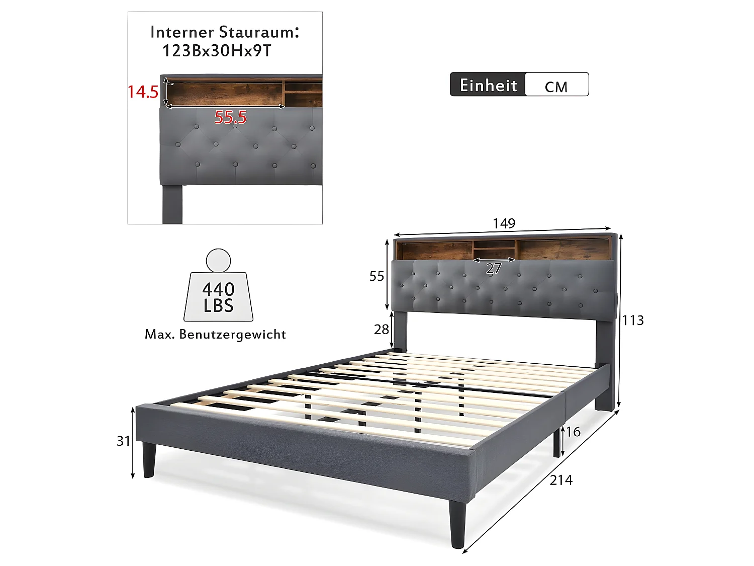 Lit adulte Lit double capitonné tête de lit de rangement - 140x200 CM gris - Sweiko