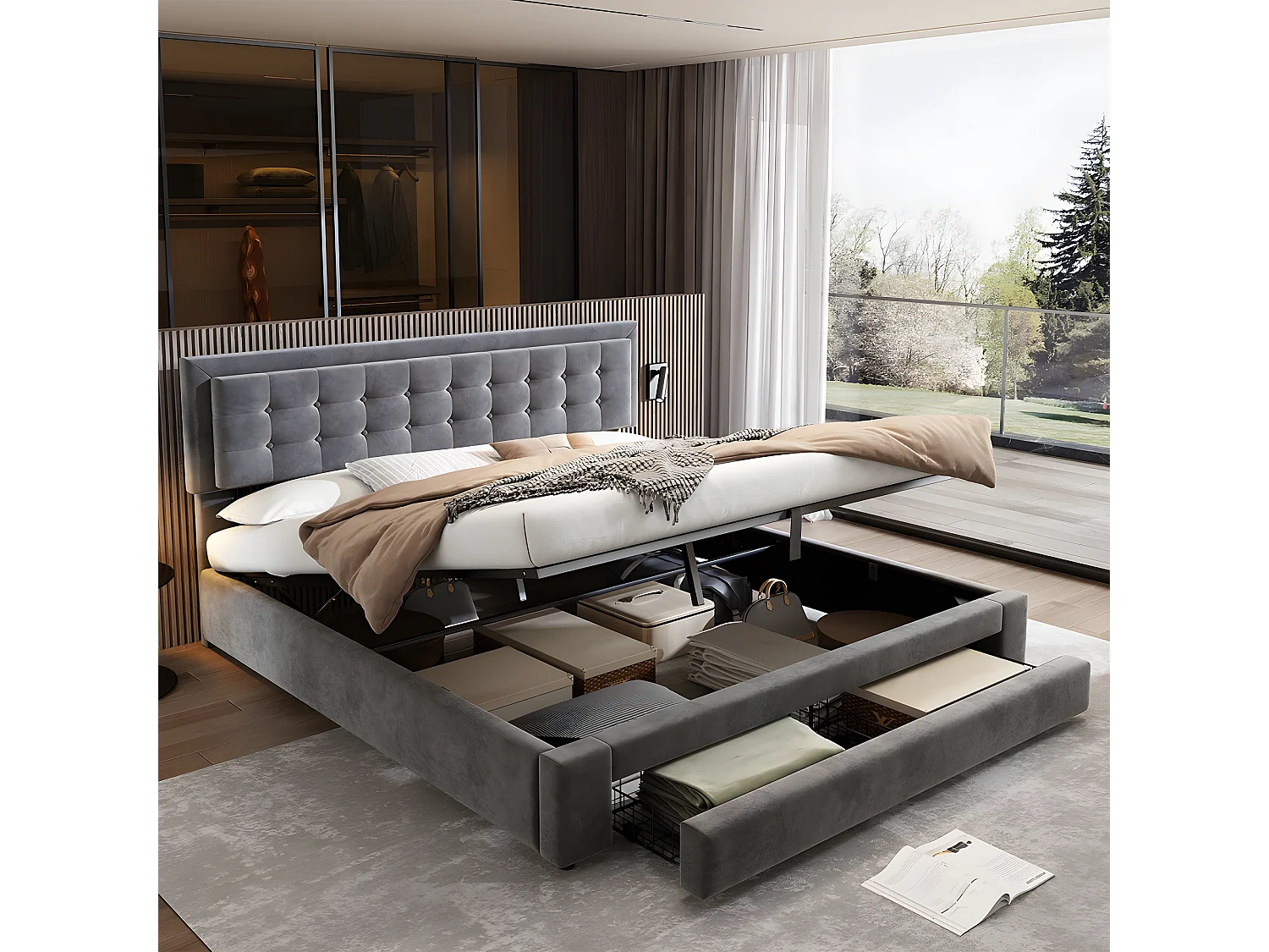 Lit 180x200 cm avec sommier LED et Charge USB, Lit Double rembourré avec 4 tiroirs, en Lin, Gris | Leroy Merlin