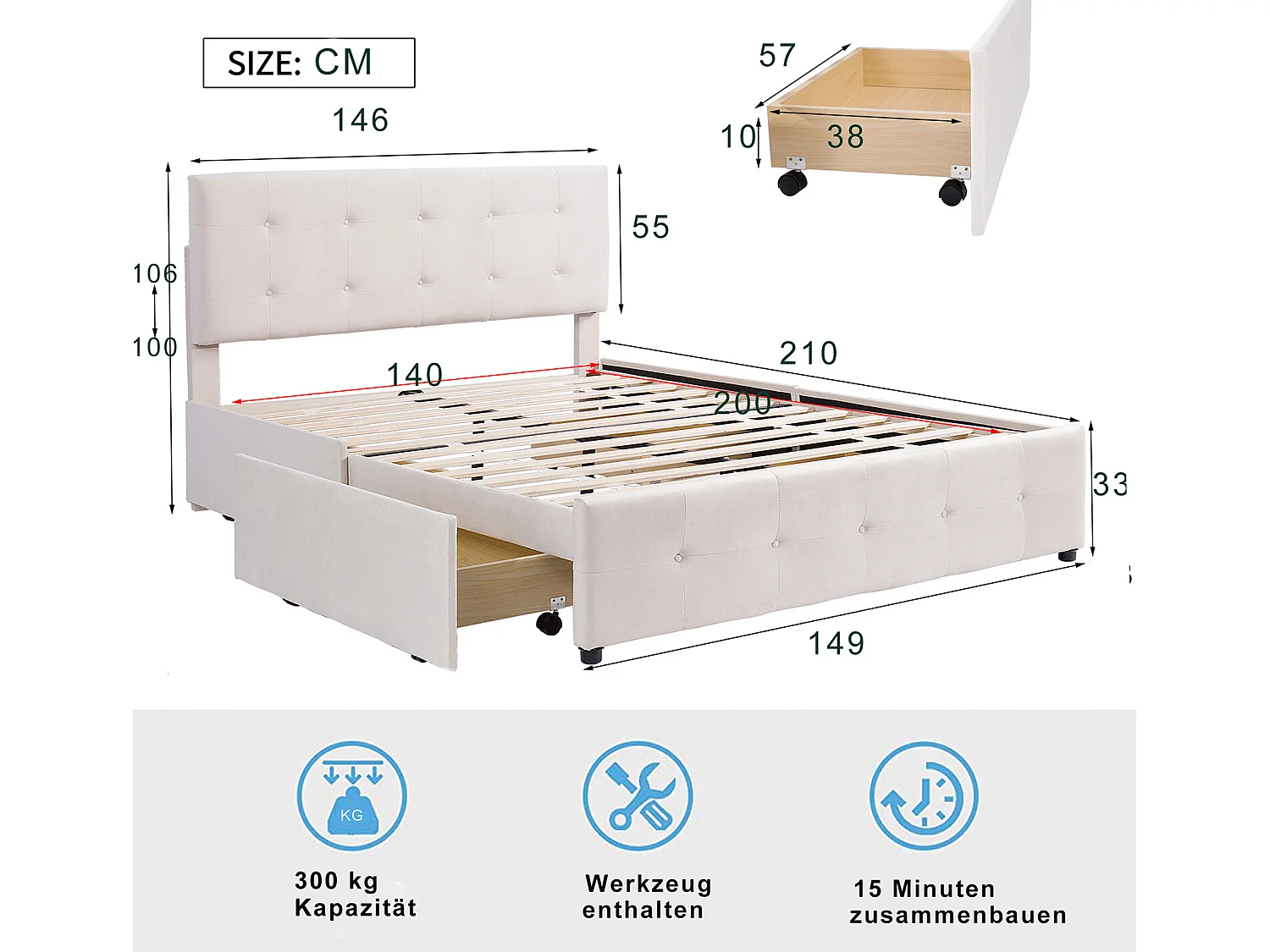 Lit avec tiroirs - velours 140x200 cm Beige - Sweiko