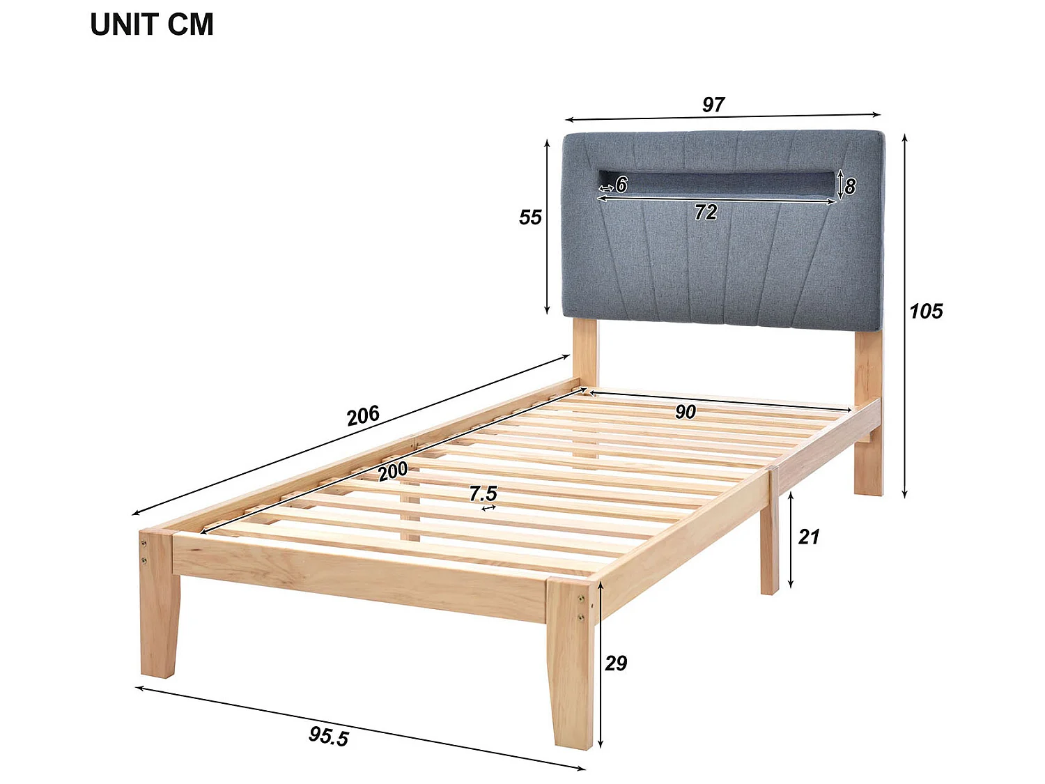 Lit adulte Lit en bois, lit adulte - Lit simple 90x200 cm naturel - Sweiko