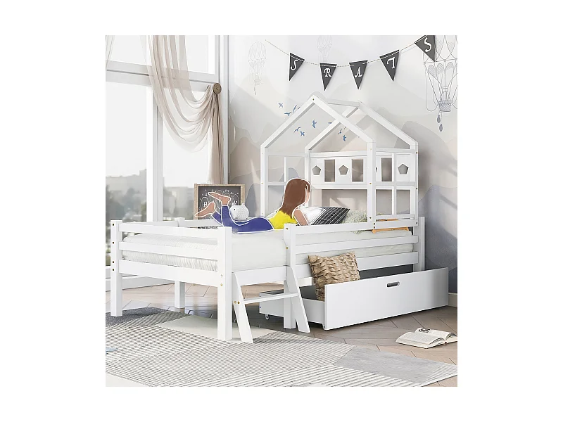 lit gigogne avec tiroirs - 90 x 200 cm - sommier à lattes - Blanc - Sweiko