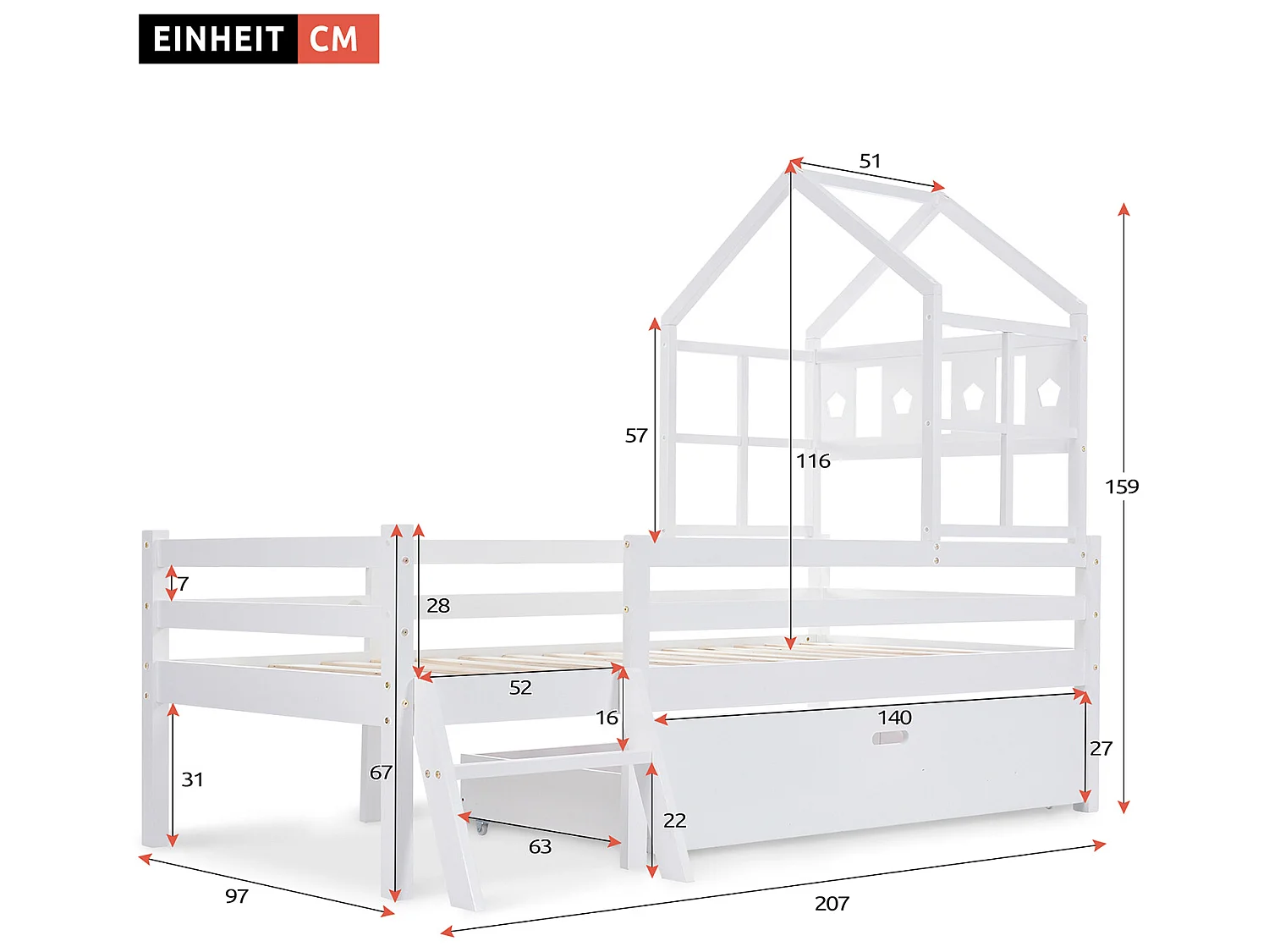 lit gigogne avec tiroirs - 90 x 200 cm - sommier à lattes - Blanc - Sweiko