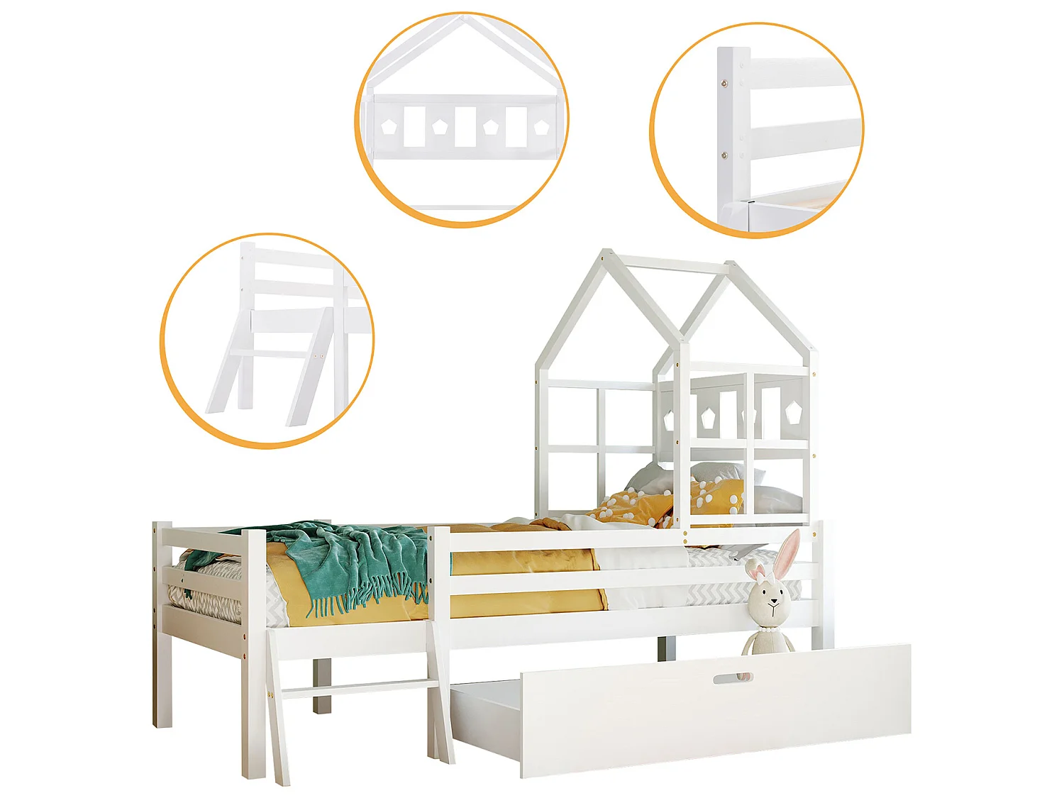 lit gigogne avec tiroirs - 90 x 200 cm - sommier à lattes - Blanc - Sweiko