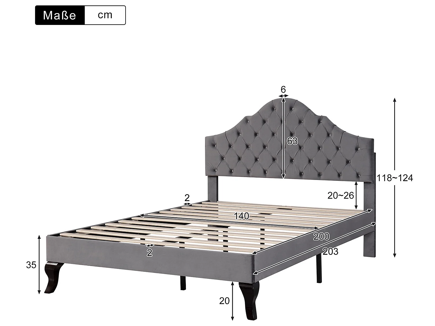 Lit adulte Lit rembourré 14x200 cm - Velours gris - Sweiko