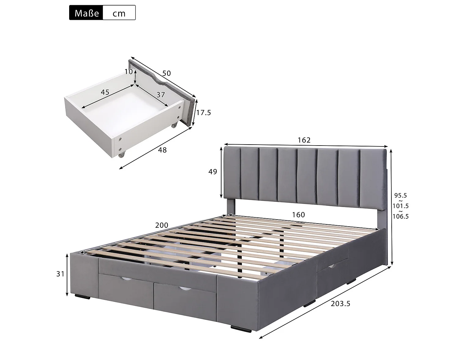 Lit avec tiroirs - 160 x 200 cm - avec dossier avec 4 tiroirs gris sans matelas - Sweiko