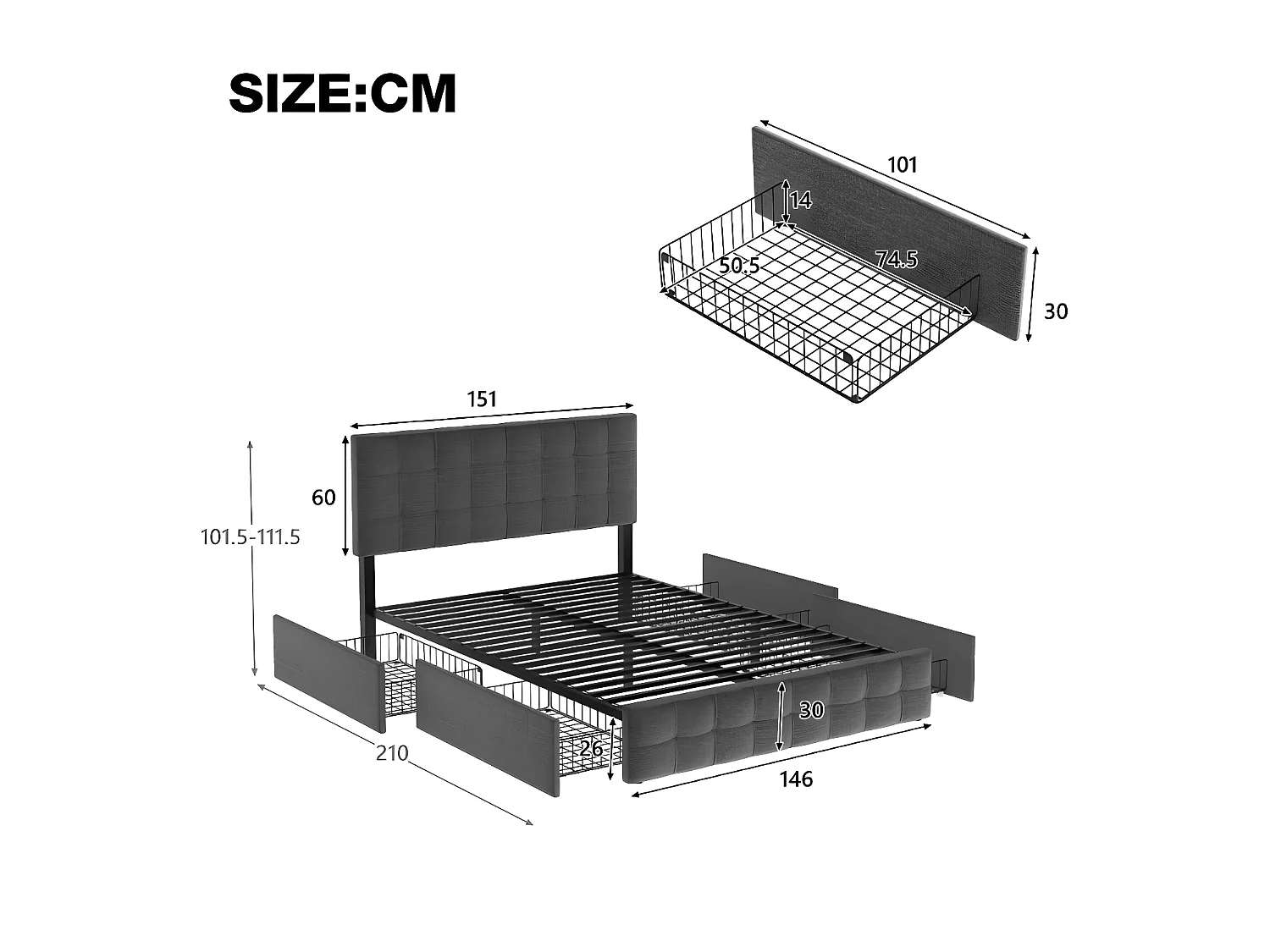 Lit avec tiroirs Lit double de rangement - gris 140x200 cm - Sweiko