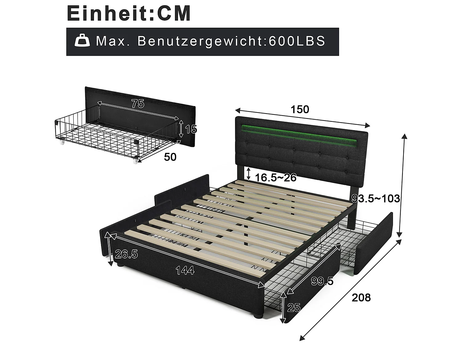 Lit avec tiroirs - 140x200cm avec éclairage LED et 4 tiroirs - Noir - Sweiko