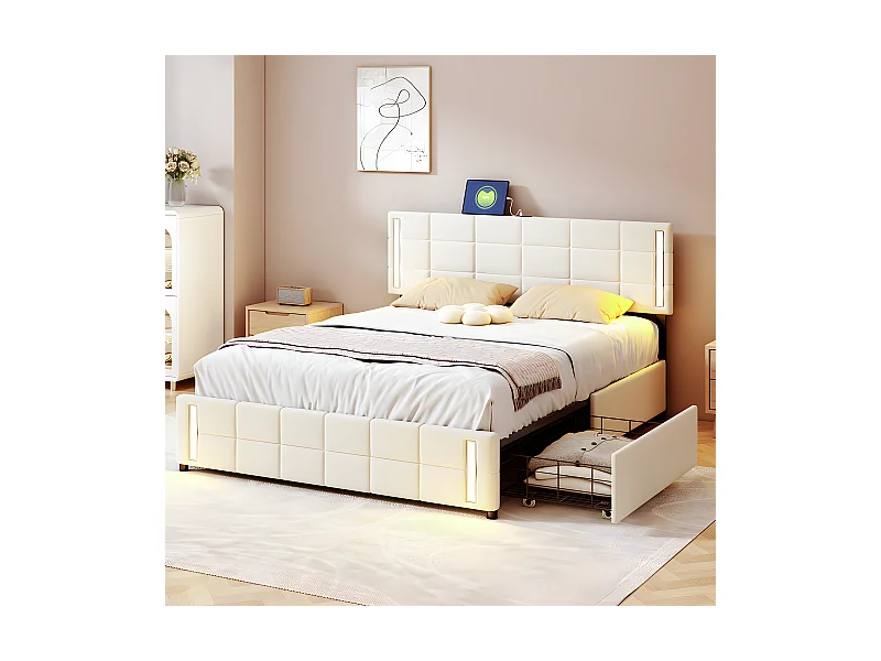 Lit LED avec tête de lit rangements et 4 tiroirs - 180 x 190 cm - Beige - Sweiko
