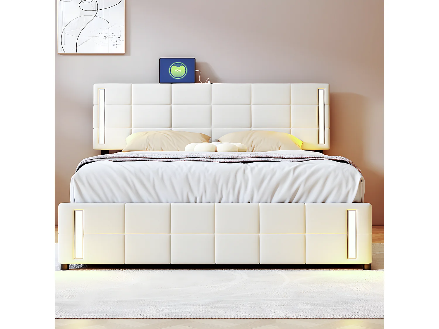 Lit LED avec tête de lit rangements et 4 tiroirs - 180 x 190 cm - Beige - Sweiko
