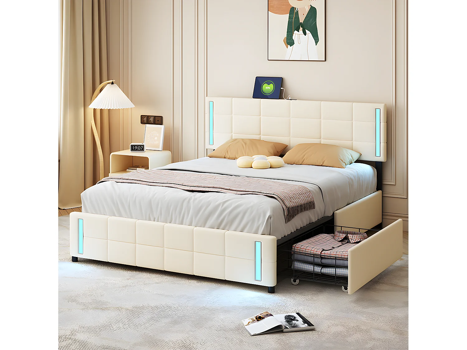 Lit LED avec tête de lit rangements et 4 tiroirs - 180 x 190 cm - Beige - Sweiko