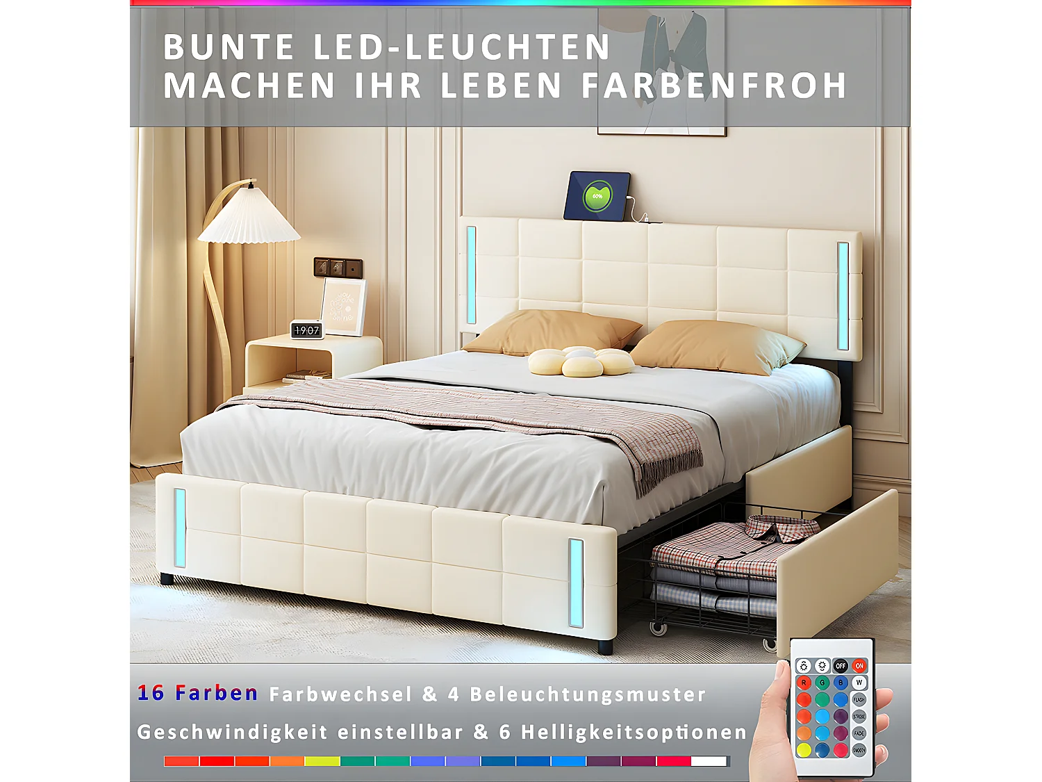 Lit LED avec tête de lit rangements et 4 tiroirs - 180 x 190 cm - Beige - Sweiko