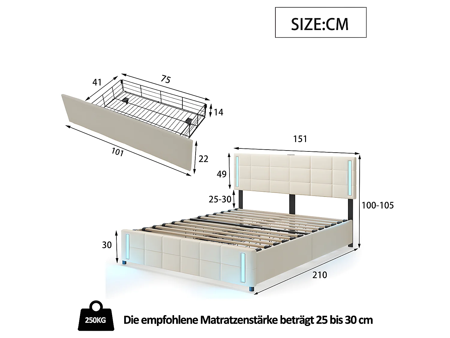 Lit LED avec tête de lit rangements et 4 tiroirs - 180 x 190 cm - Beige - Sweiko