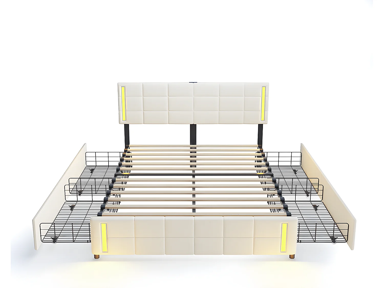 Lit LED avec tête de lit rangements et 4 tiroirs - 180 x 190 cm - Beige - Sweiko