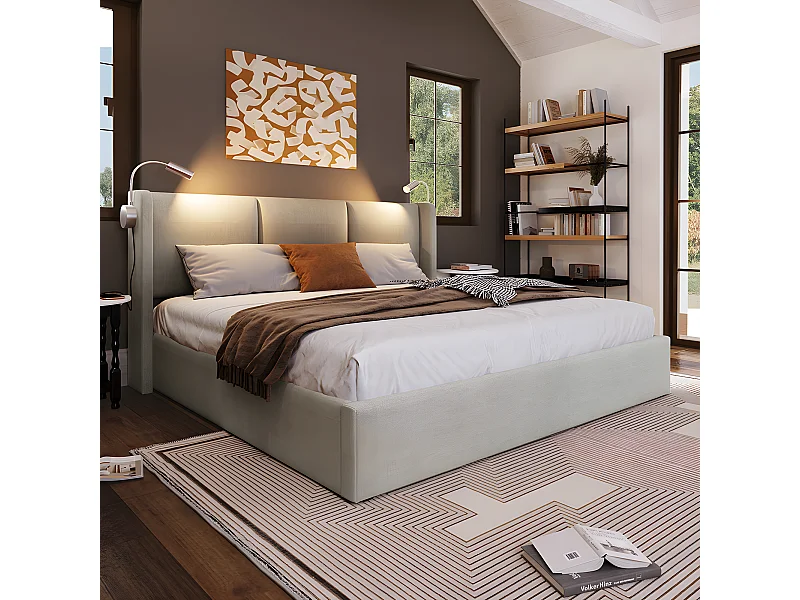 Lit avec tête de lit rangements et tiroirs  - 160 x 200 cm - fonction de charge usb - Beige - Sweiko