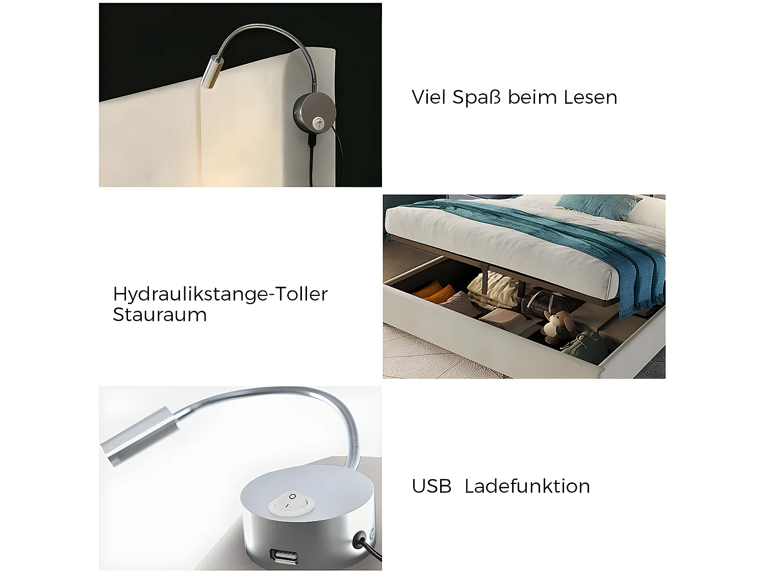 Lit avec tête de lit rangements et tiroirs  - 160 x 200 cm - fonction de charge usb - Beige - Sweiko