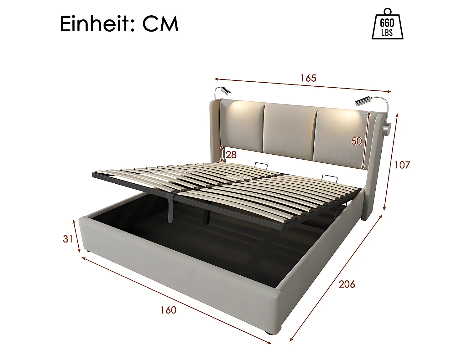 Lit avec tête de lit rangements et tiroirs  - 160 x 200 cm - fonction de charge usb - Beige - Sweiko