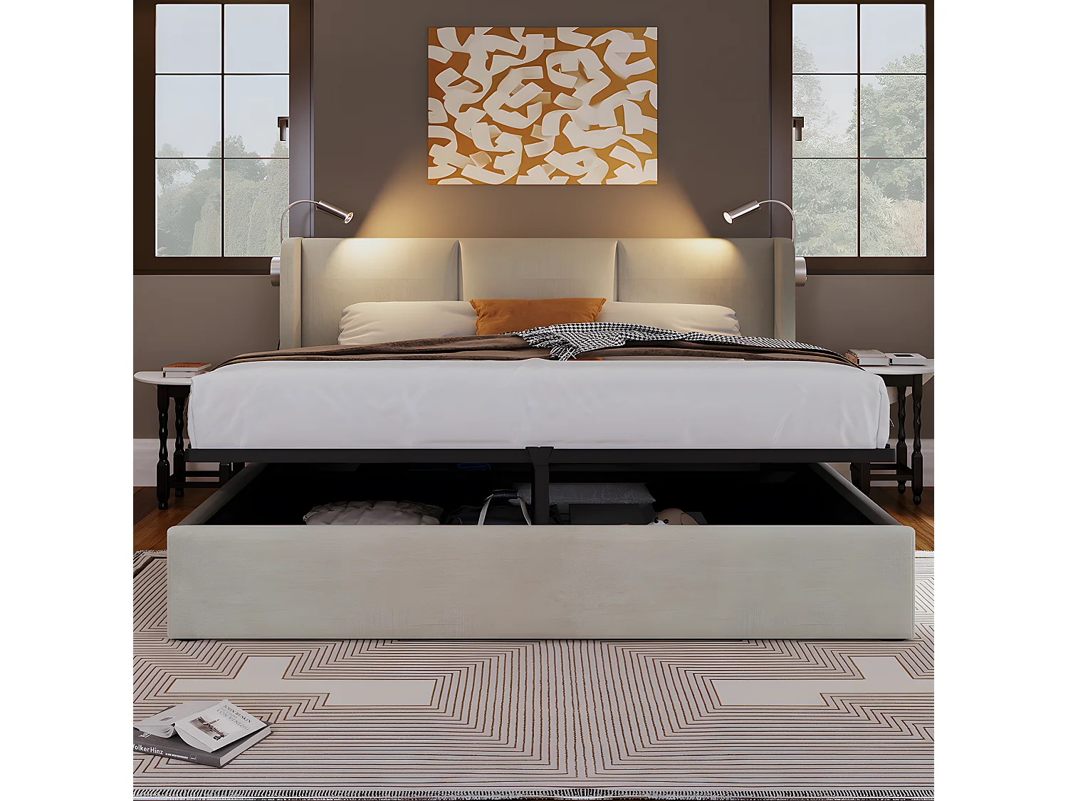 Lit avec tête de lit rangements et tiroirs  - 160 x 200 cm - fonction de charge usb - Beige - Sweiko