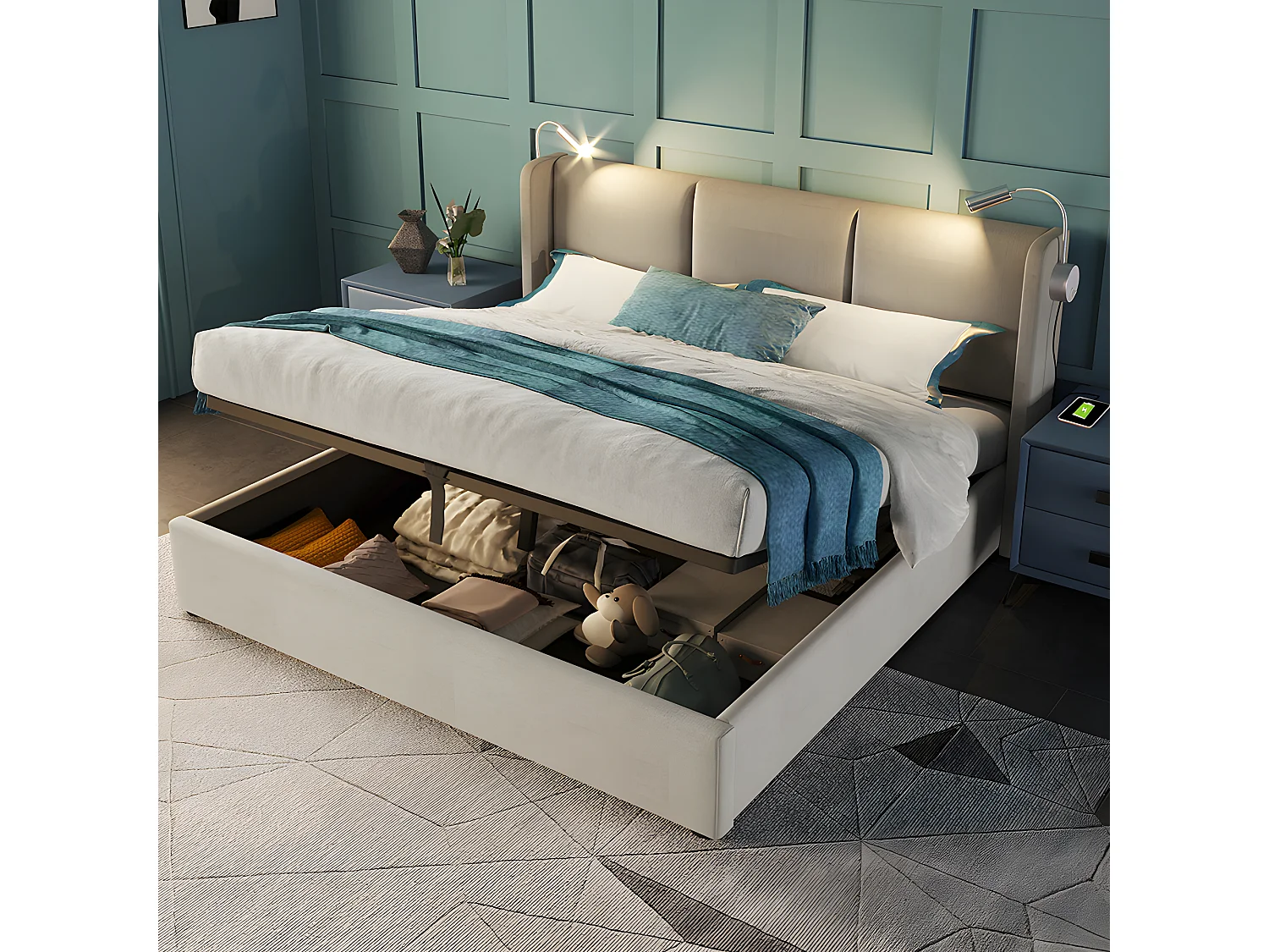 Lit avec tête de lit rangements et tiroirs  - 160 x 200 cm - fonction de charge usb - Beige - Sweiko