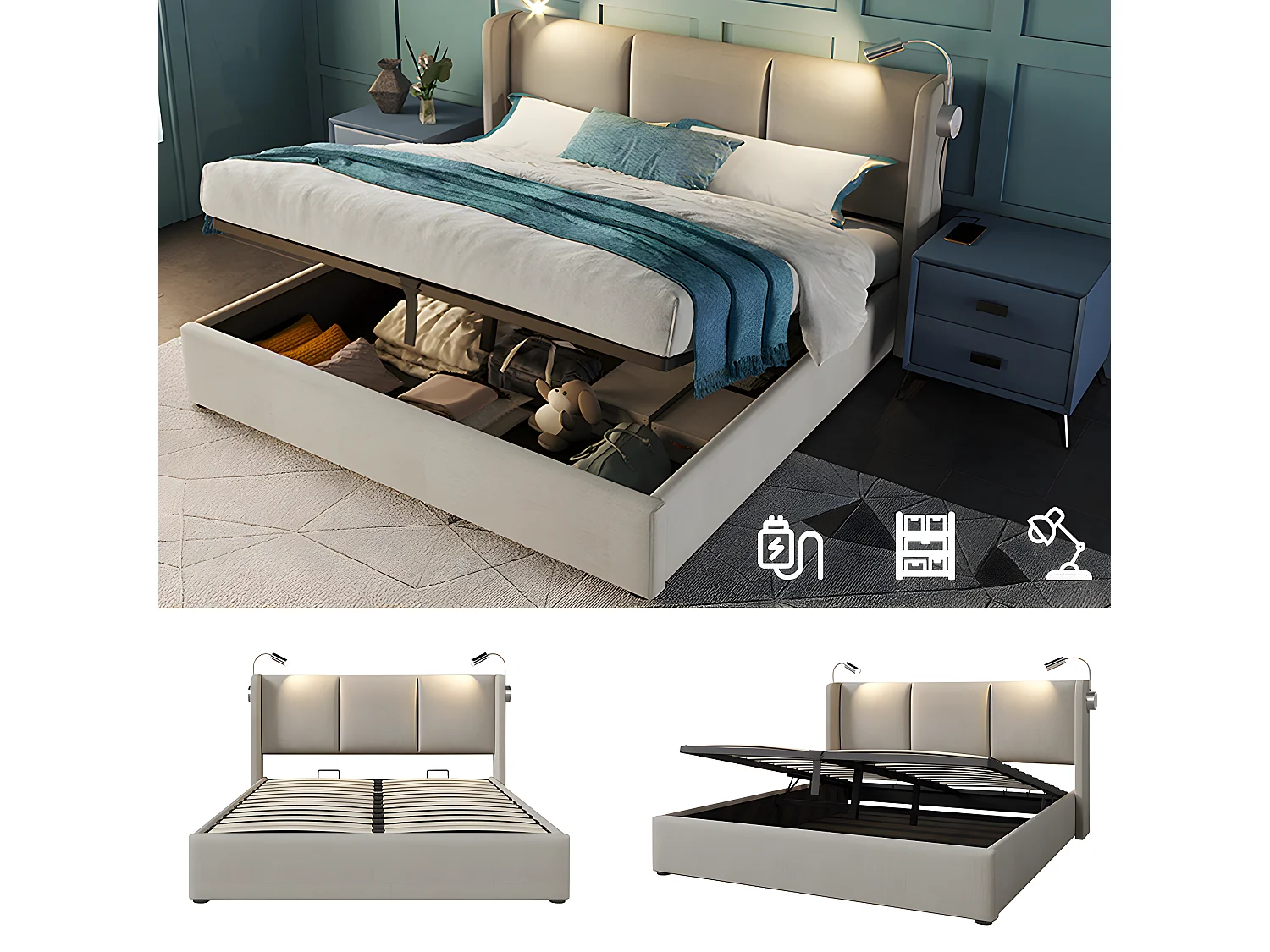 Lit avec tête de lit rangements et tiroirs  - 160 x 200 cm - fonction de charge usb - Beige - Sweiko