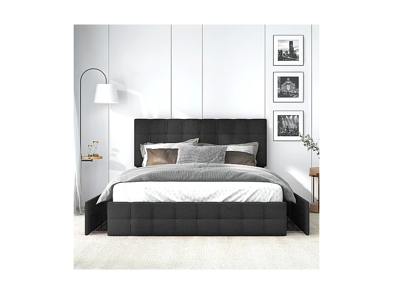 Lit avec tiroirs Lit double de rangement - noir 140x200 cm - Sweiko