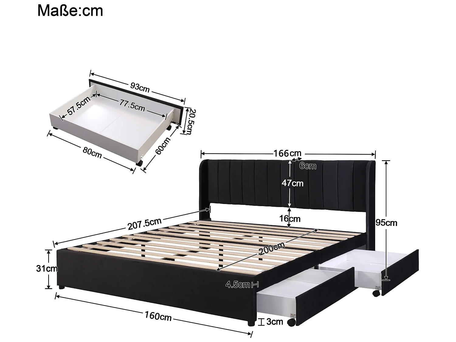 Lit avec tiroirs - 160 x 200 cm - Noir - Sweiko
