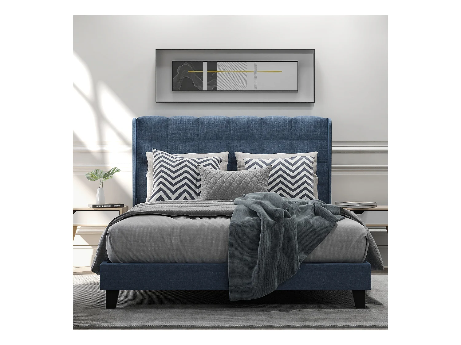 Lit adulte Lit capitonné design moderne, lit double 140x200cm, lin Bleu - Sweiko