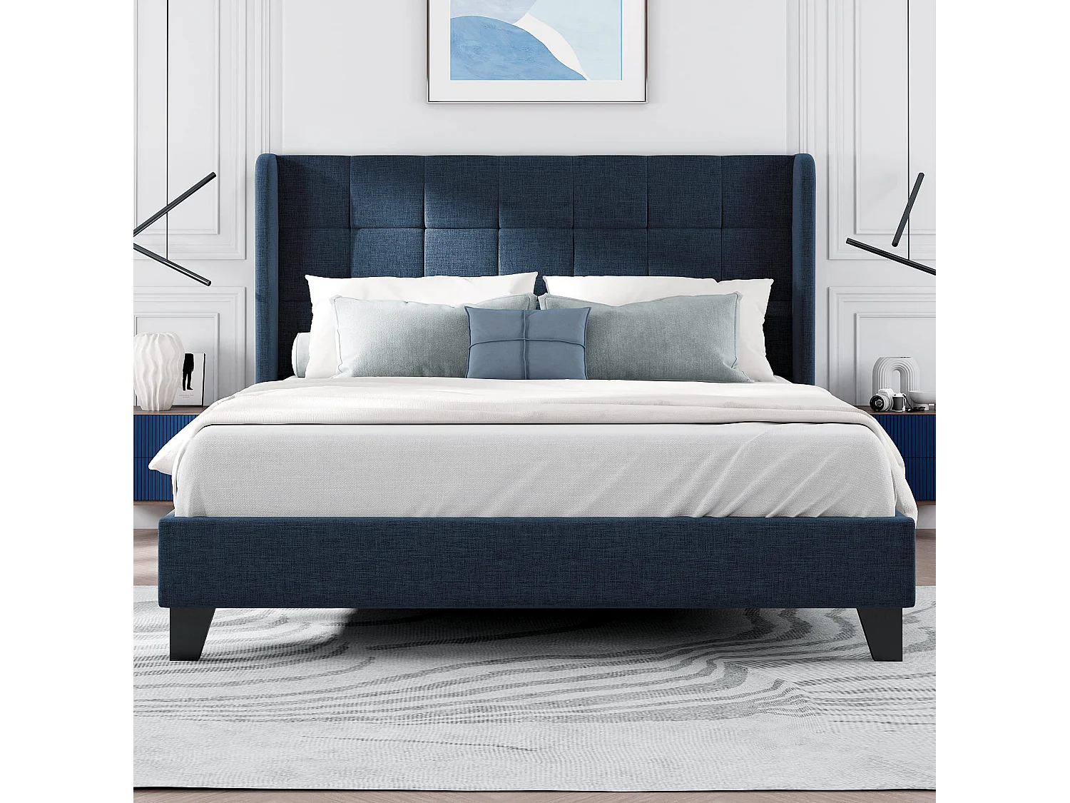 Lit adulte Lit capitonné design moderne, lit double 140x200cm, lin Bleu - Sweiko