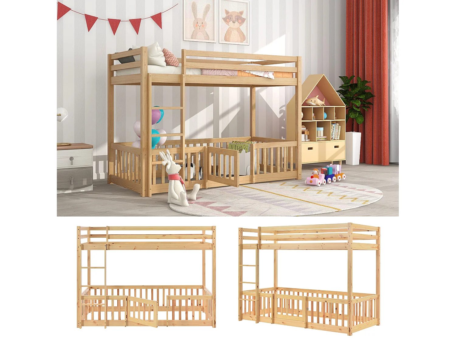 Lit superposé cabane en bois - échelle - sommier à lattes - 90x200cm - naturel - Sweiko