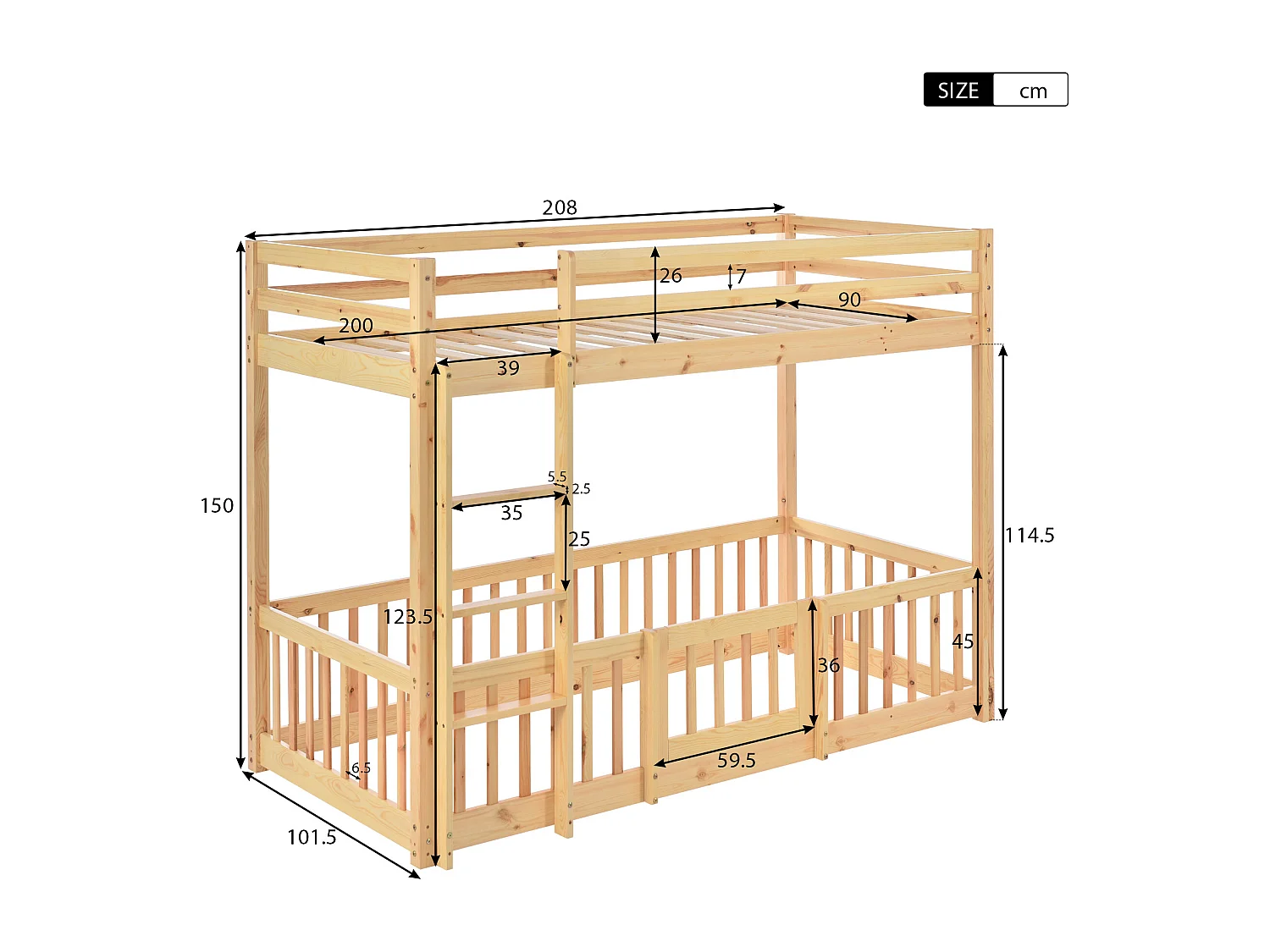 Lit superposé cabane en bois - échelle - sommier à lattes - 90x200cm - naturel - Sweiko