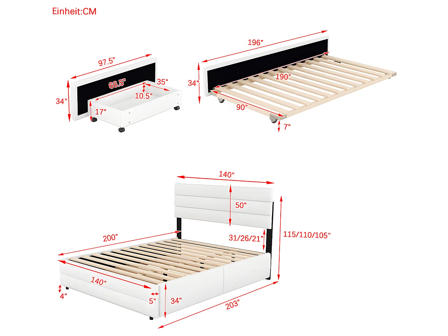 Lit avec tiroirs Lit 140 x 200 cm - Blanc - Sweiko