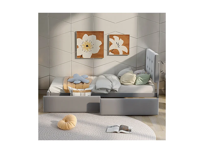 Lit avec tiroirs - 90x200 cm Gris - Sweiko