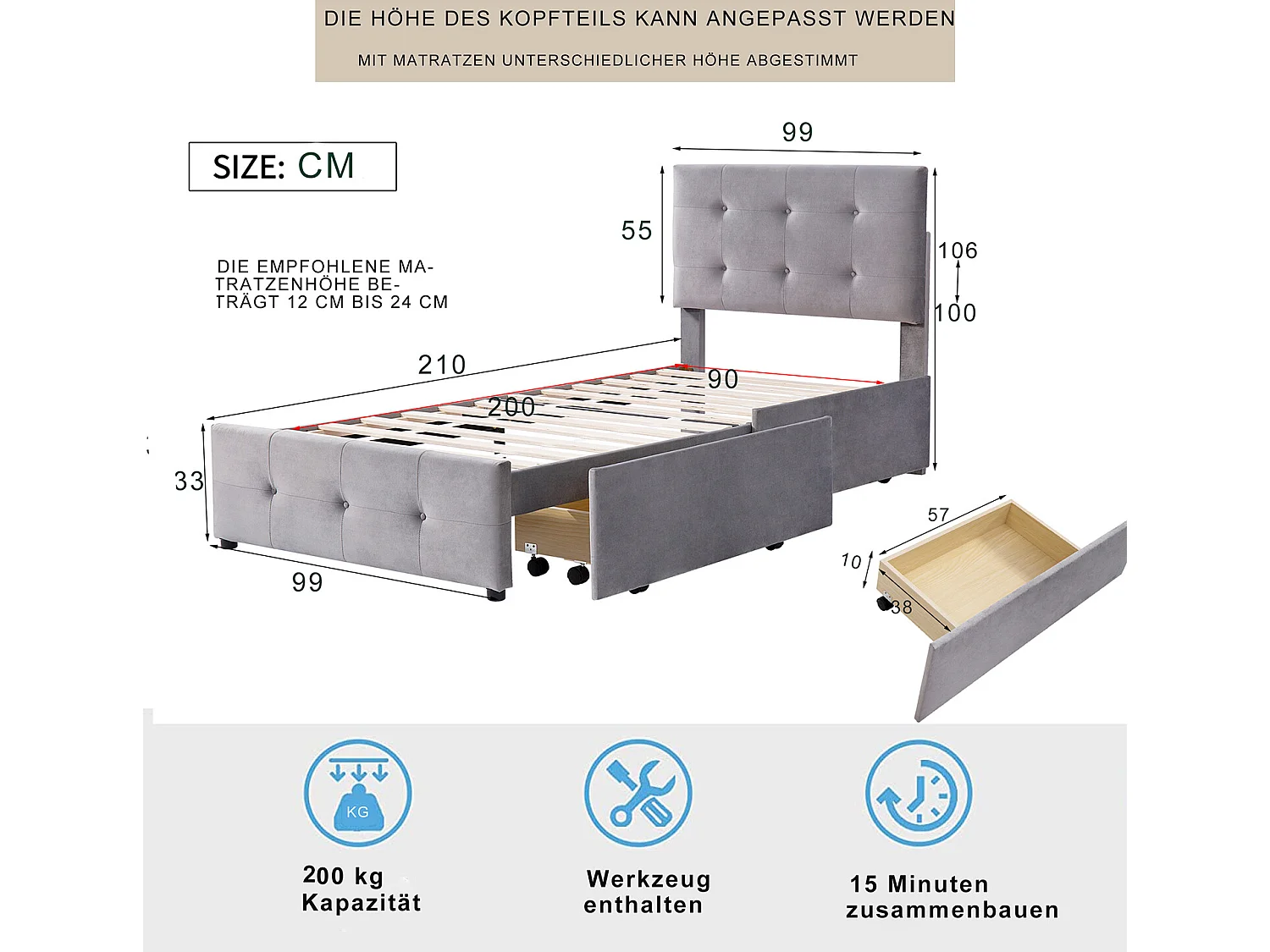Lit avec tiroirs - 90x200 cm Gris - Sweiko