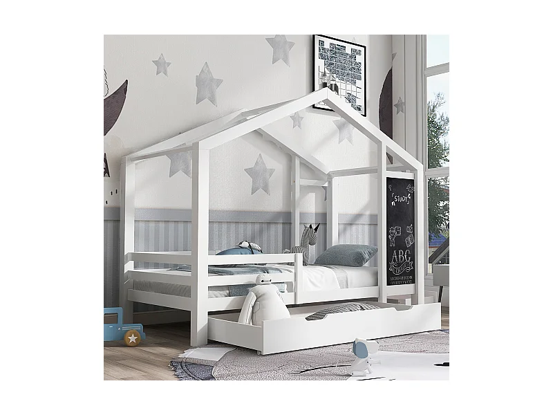 Lit gigogne cabane 2 x 90 x 200 cm - 2 tiroirs - Pin - Blanc - Sweiko