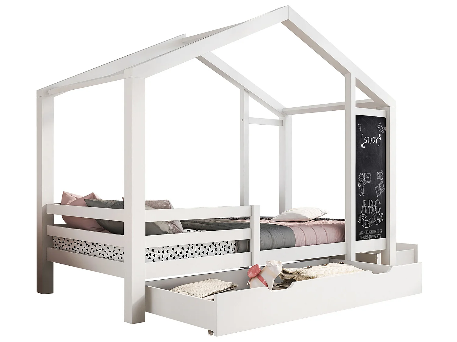 Lit gigogne cabane 2 x 90 x 200 cm - 2 tiroirs - Pin - Blanc - Sweiko
